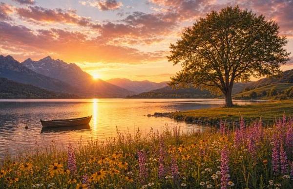 calm lake with a boat, wildflowers, and distant mountains, funeral homes Tulsa, OK