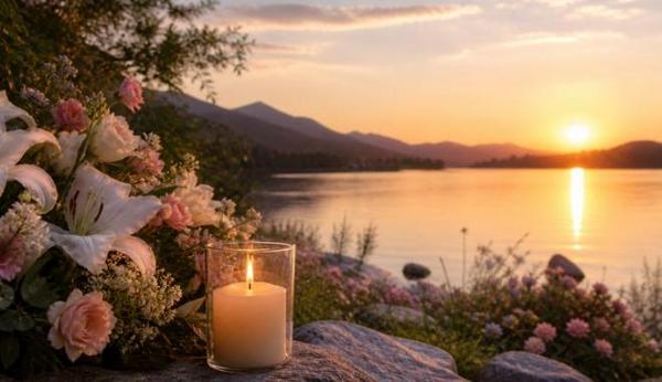 cremation services Tulsa, OK peaceful lakeside sunset with candle and flowers