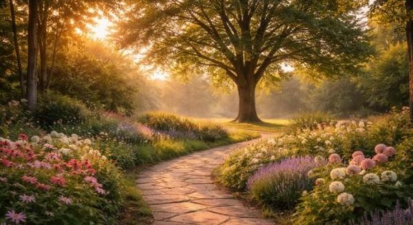 cremation services Tulsa, OK peaceful garden pathway surrounded by colorful flowers and mature trees with soft sunlight creating a calm and reflective atmosphere