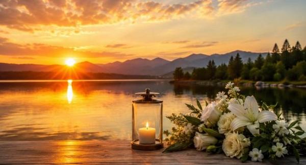 Serene lakeside sunset with flowers and a glowing candle funeral homes Tulsa, OK