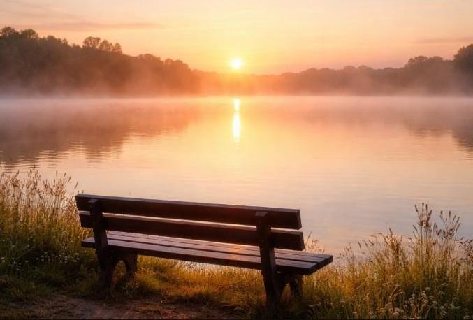 A quiet bench overlooks a misty sunrise on the lake, offering a peaceful space for reflection often associated with funeral homes in Tulsa, OK