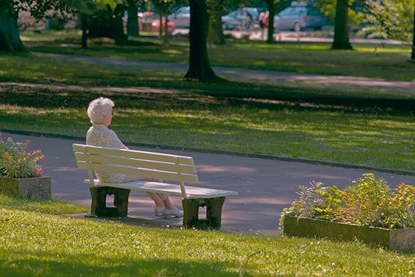 Person sitting on a white bench in a sunny park with trees and green grass