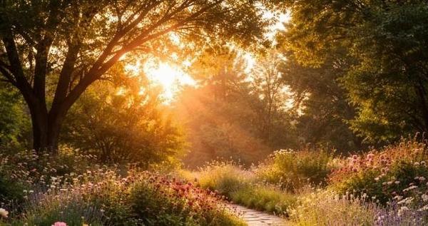 Golden sunlight pours through a tree-lined garden path, creating a peaceful, uplifting scene with cremation services Tulsa, OK