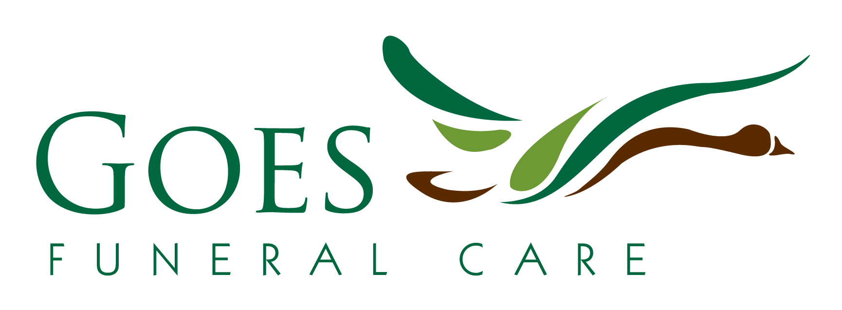 GOES Funeral Care logo in green and brown with stylized bird graphic
