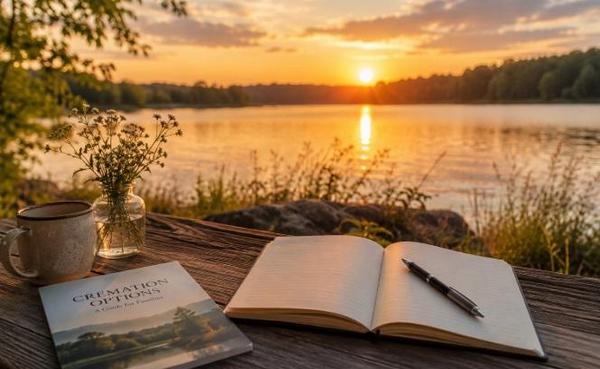cremation planning guide, notebook, and flowers representing cremation services Tulsa, OK