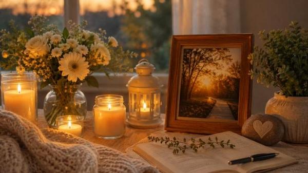 Peaceful memorial display with candles, flowers, framed photo, and journal representing cremation services Tulsa, OK