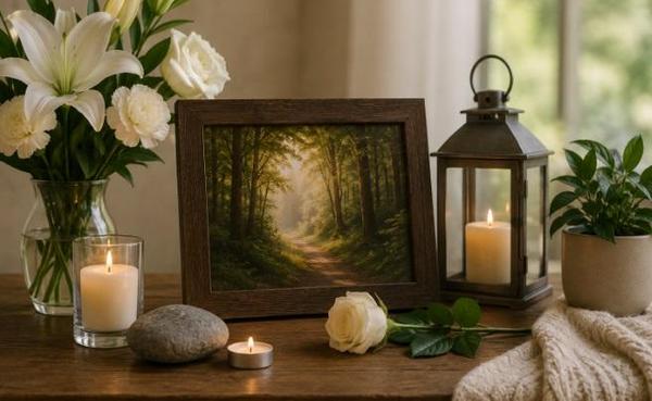 Memorial display with candles, flowers, and a framed nature scene cremation services Tulsa, OK